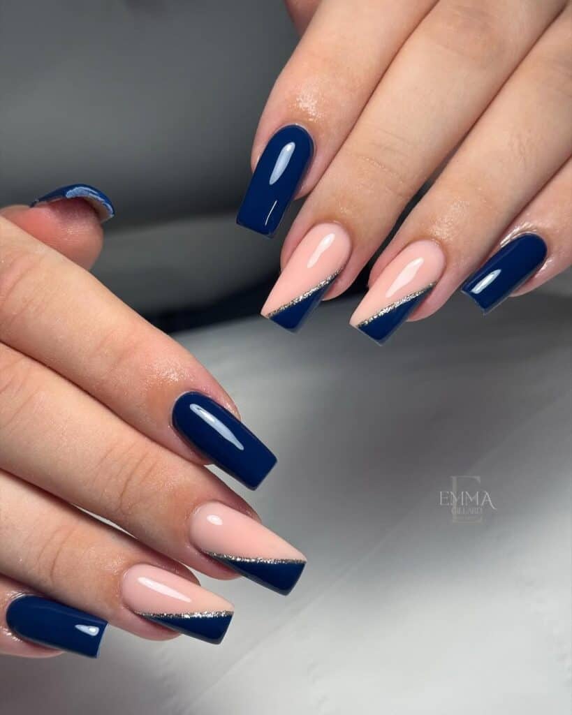 Coffin Nails with Navy Nude Color Block Coffin Nails with Navy Nude Color Block — Trendy Navy Nails