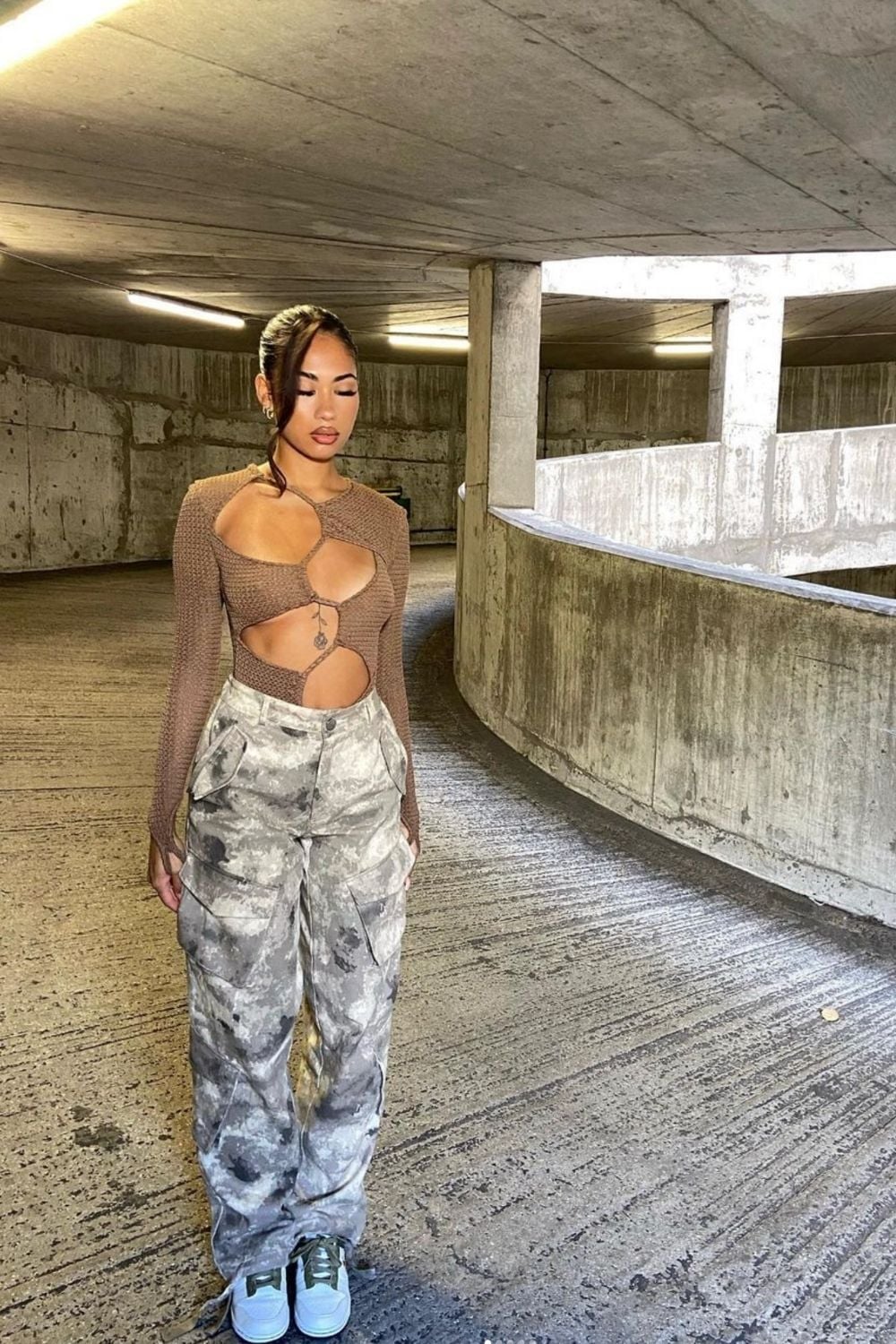 Cutout Knit Top with Camouflage Cargo Pants — Trendy Night Out Outfits