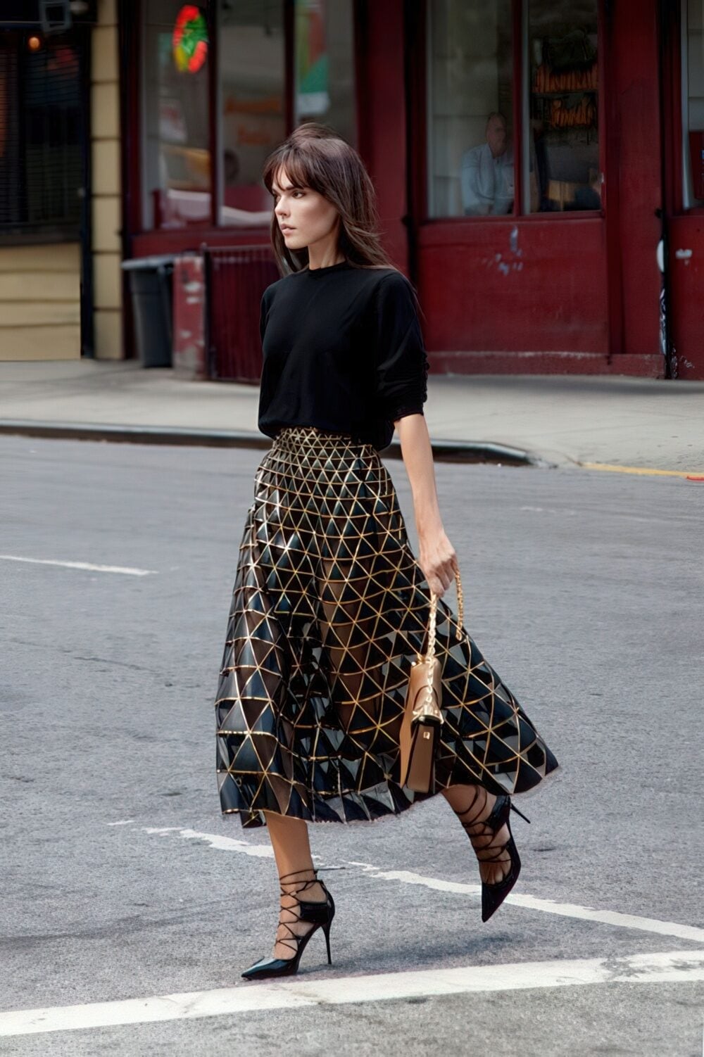 Crew Neck Sweater with Metallic Geometric Skirt — Trendy Night Outfits