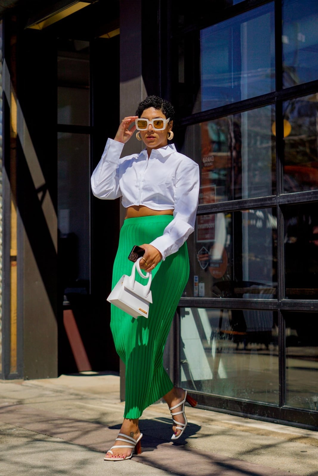 Cropped Button-Down Shirt with Green Pleated Skirt — Trendy Night Outfits