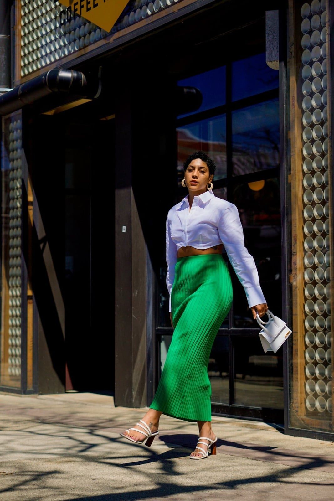 Cropped Shirt with Bright Green Pleated Knit Skirt, White — Trendy Night Outfits