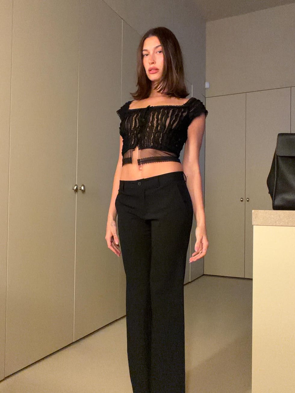 Sheer Lace Cropped Top with Wide-Leg Trousers — Trendy Night Outfits