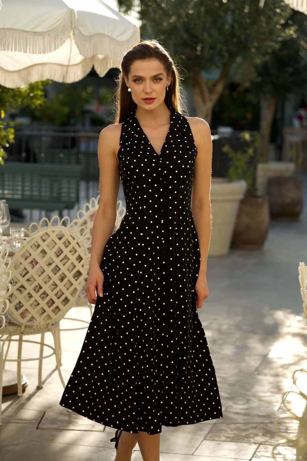 Velvet Halter Neck Dress with Polka Dot Print — Trendy Night Outfits