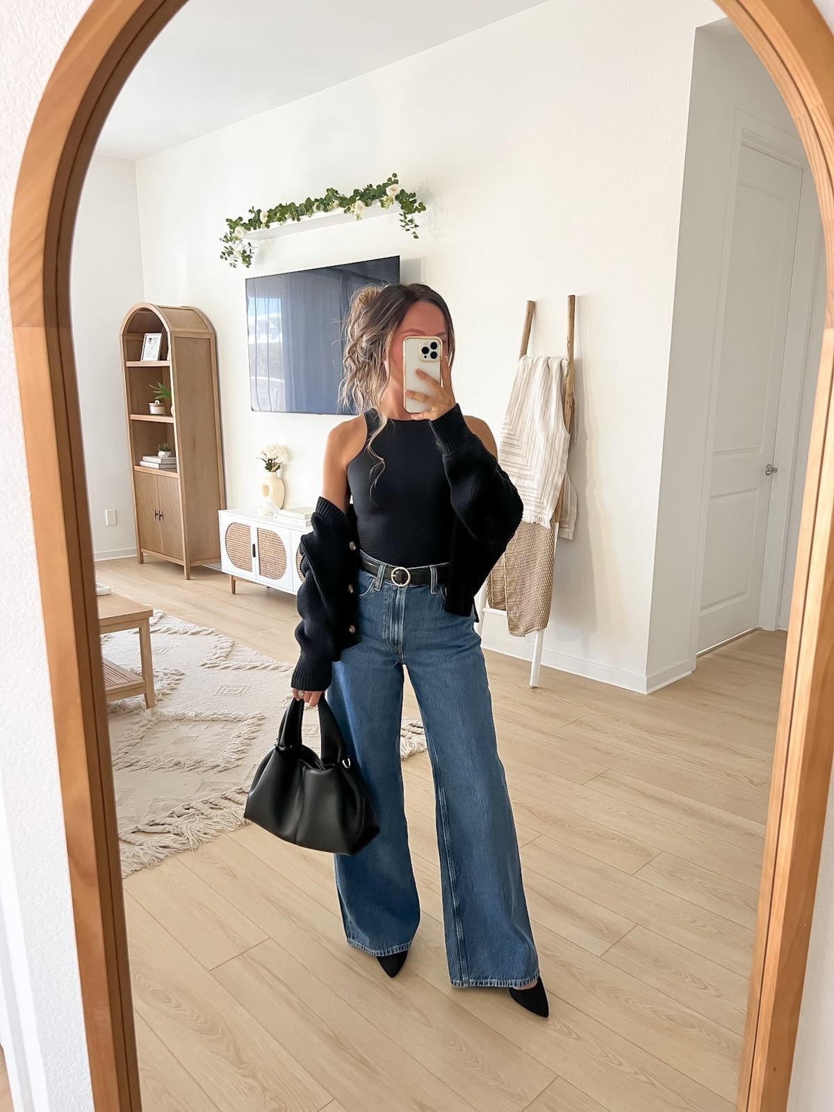 Ribbed Halter Top with Cropped Cardigan and Wide-Leg Jeans — Trendy Night Outfits