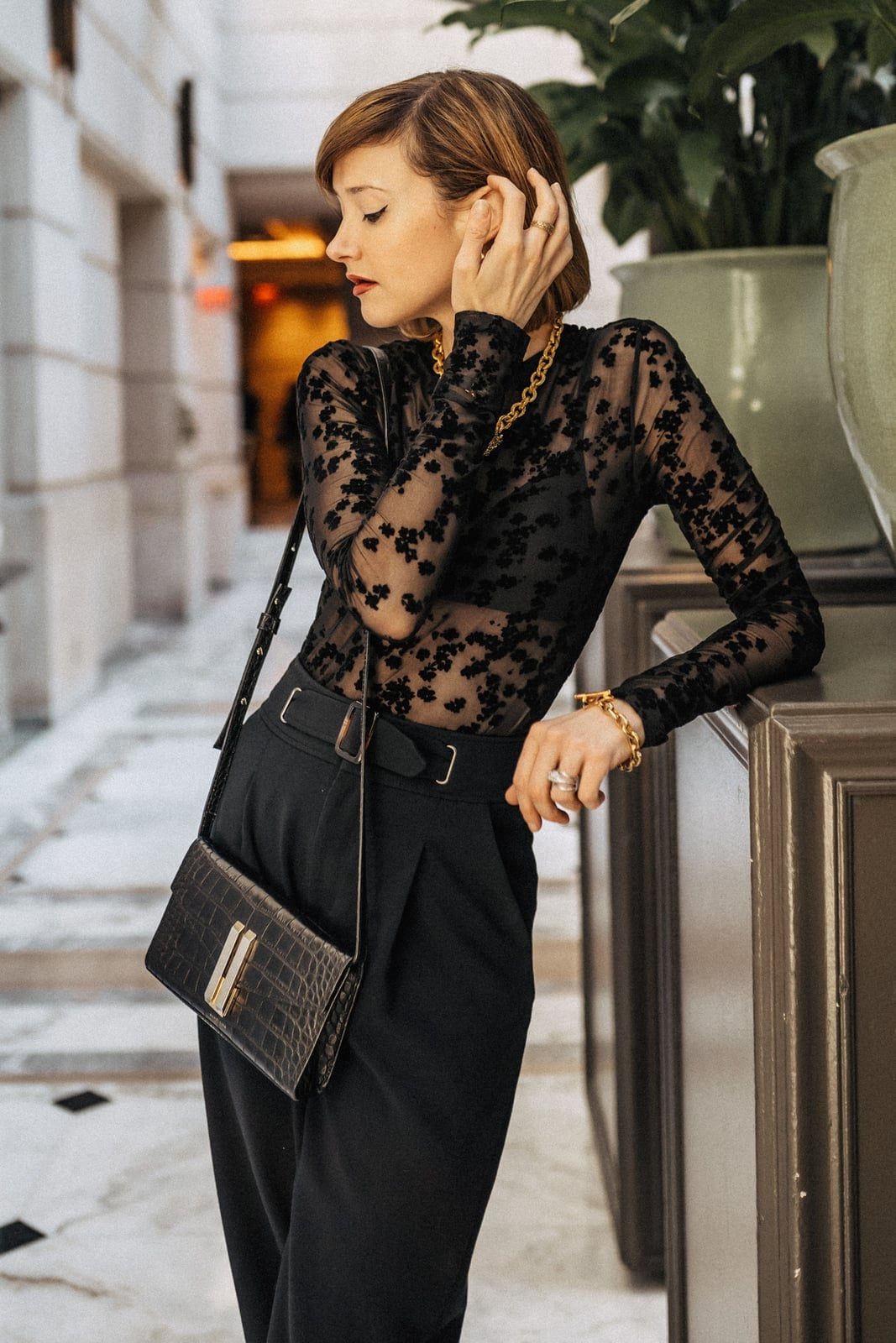 Sheer Floral Burnout Top with Crepe Trousers — Trendy Night Outfits