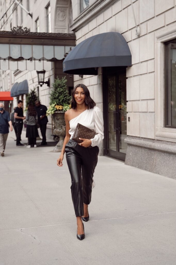 One-shoulder Top with Faux Leather Pants — Trendy Night Outfits