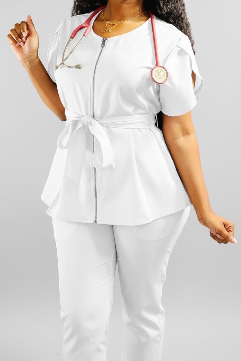 White Peplum Scrub Top with Pink Paneling — Trendy Nurse Outfits