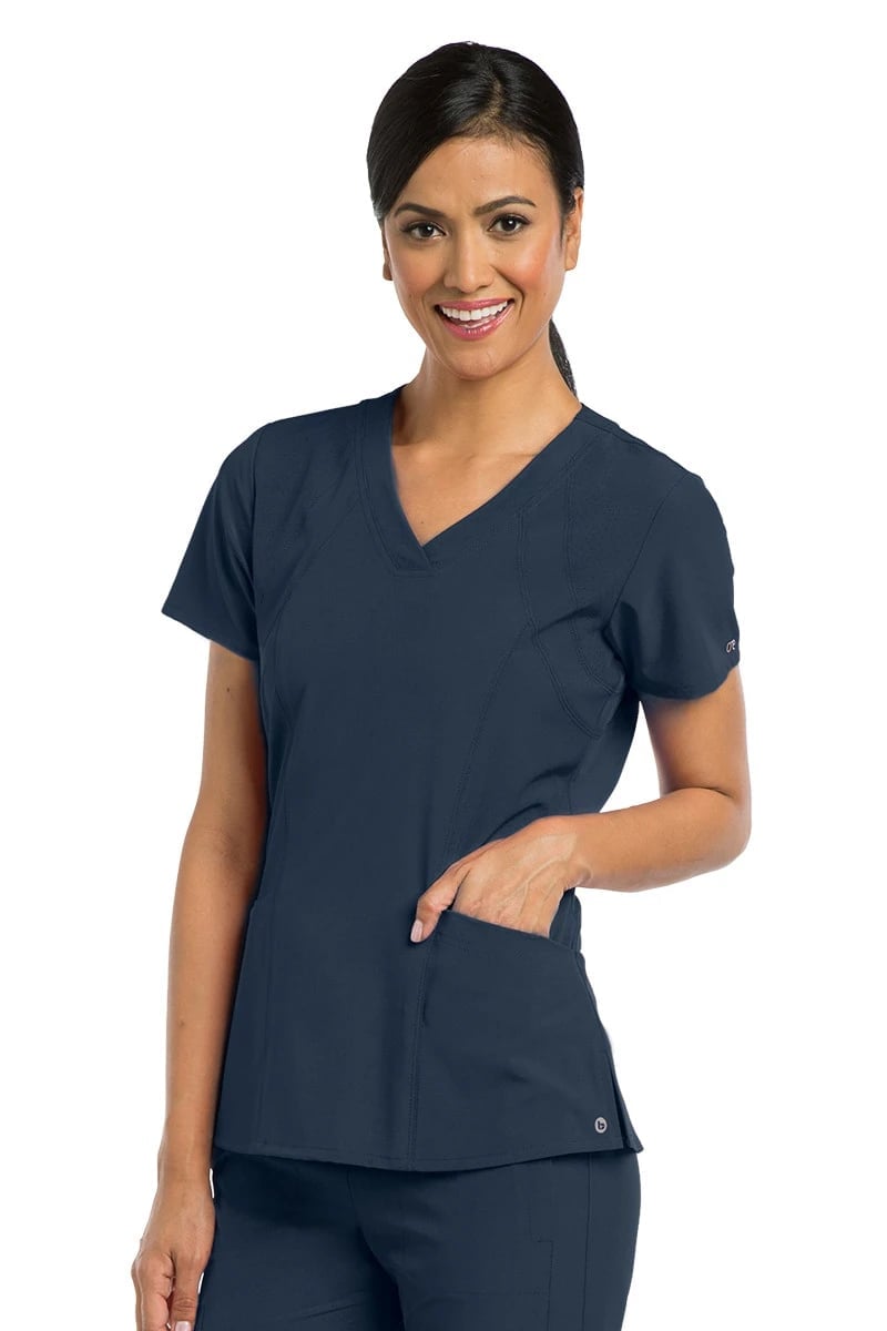 Fitted Navy V-neck Scrub Top With Performance Fabric — Trendy Nurse Outfits