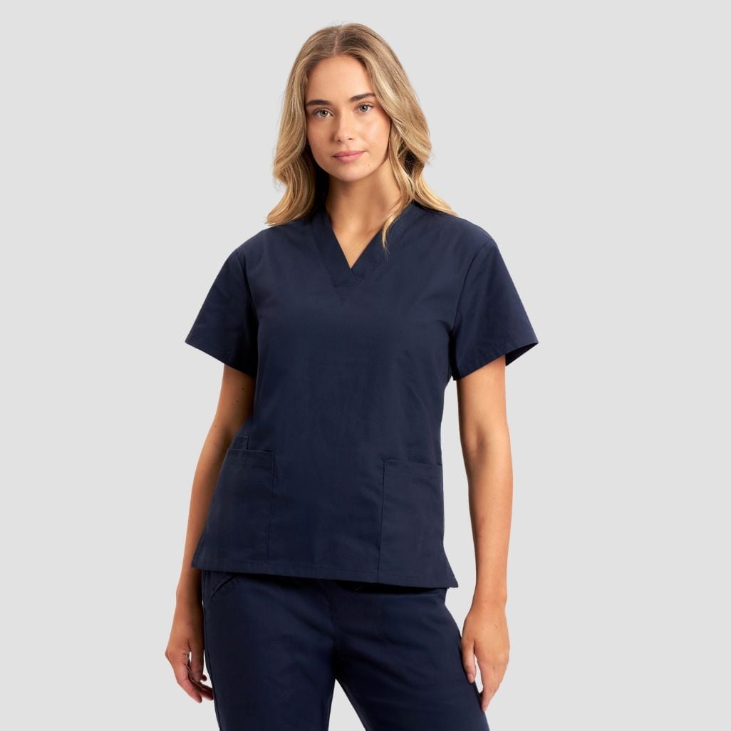 Navy Blue V-neck Scrub Set With Relaxed Fit Top — Trendy Nurse Outfits