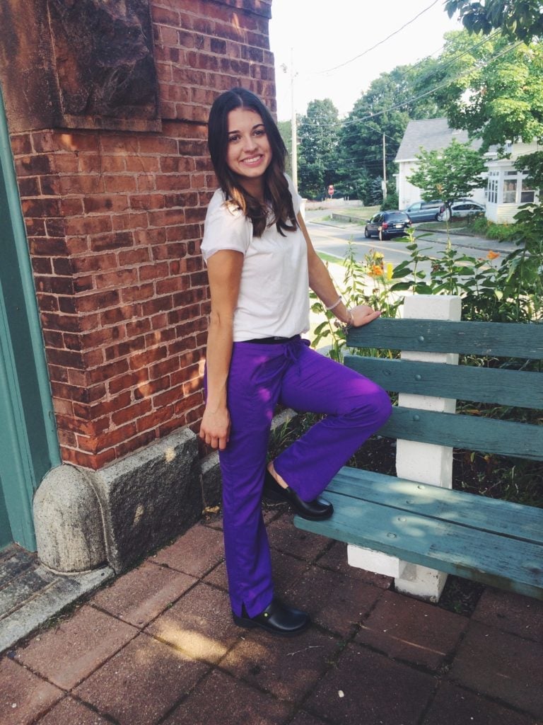 White T-Shirt with Bright Purple Wide-Leg Scrub Pants — Trendy Nurse Outfits