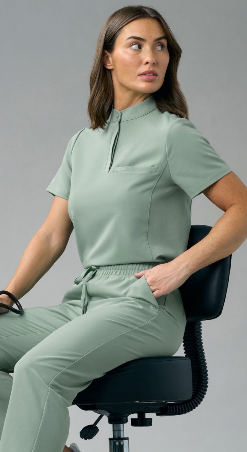 Sage Green Mock Neck Scrub Set — Trendy Nurse Outfits