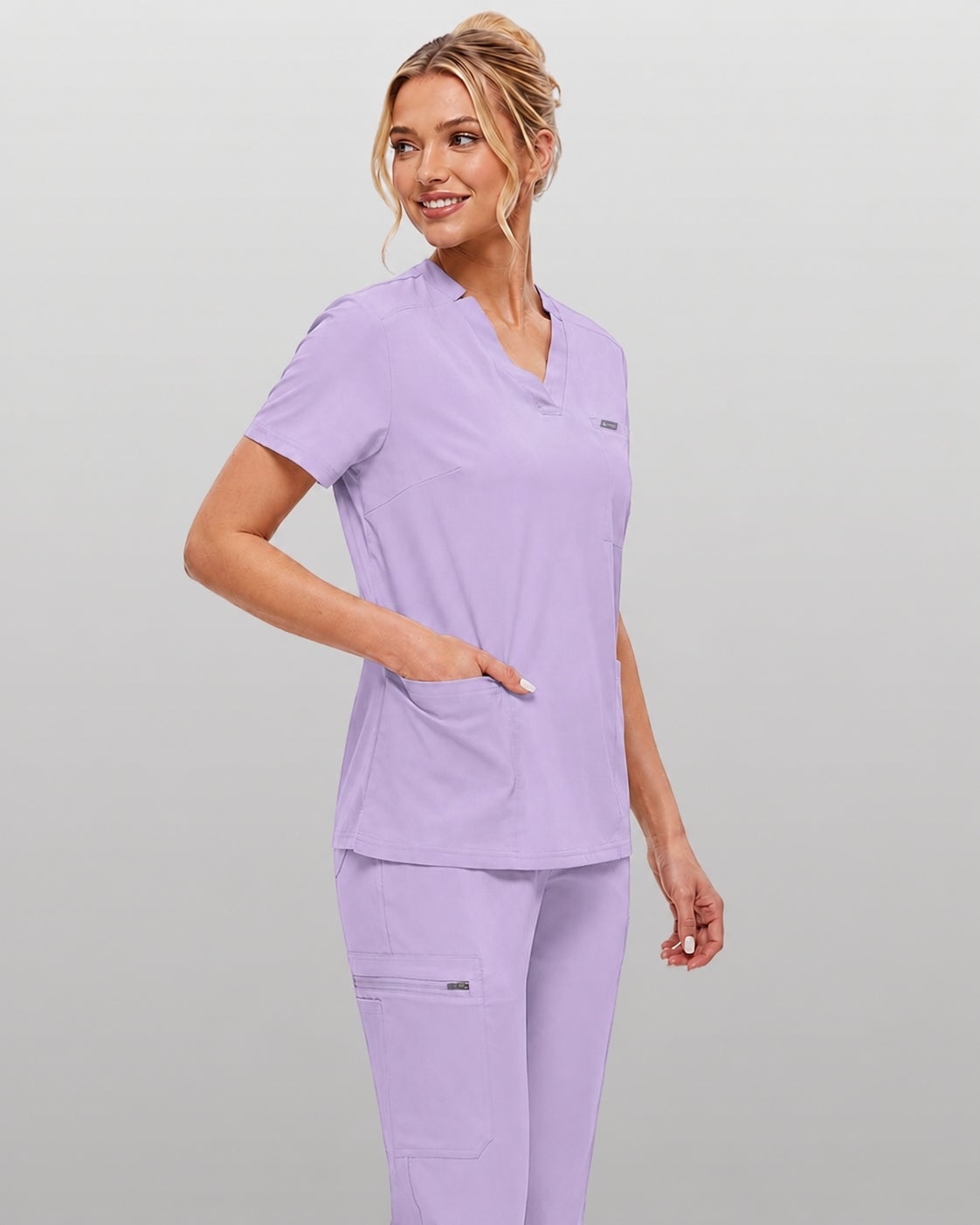 Lavender V-neck Scrub Top with Zip Pocket Pants — Trendy Nurse Outfits