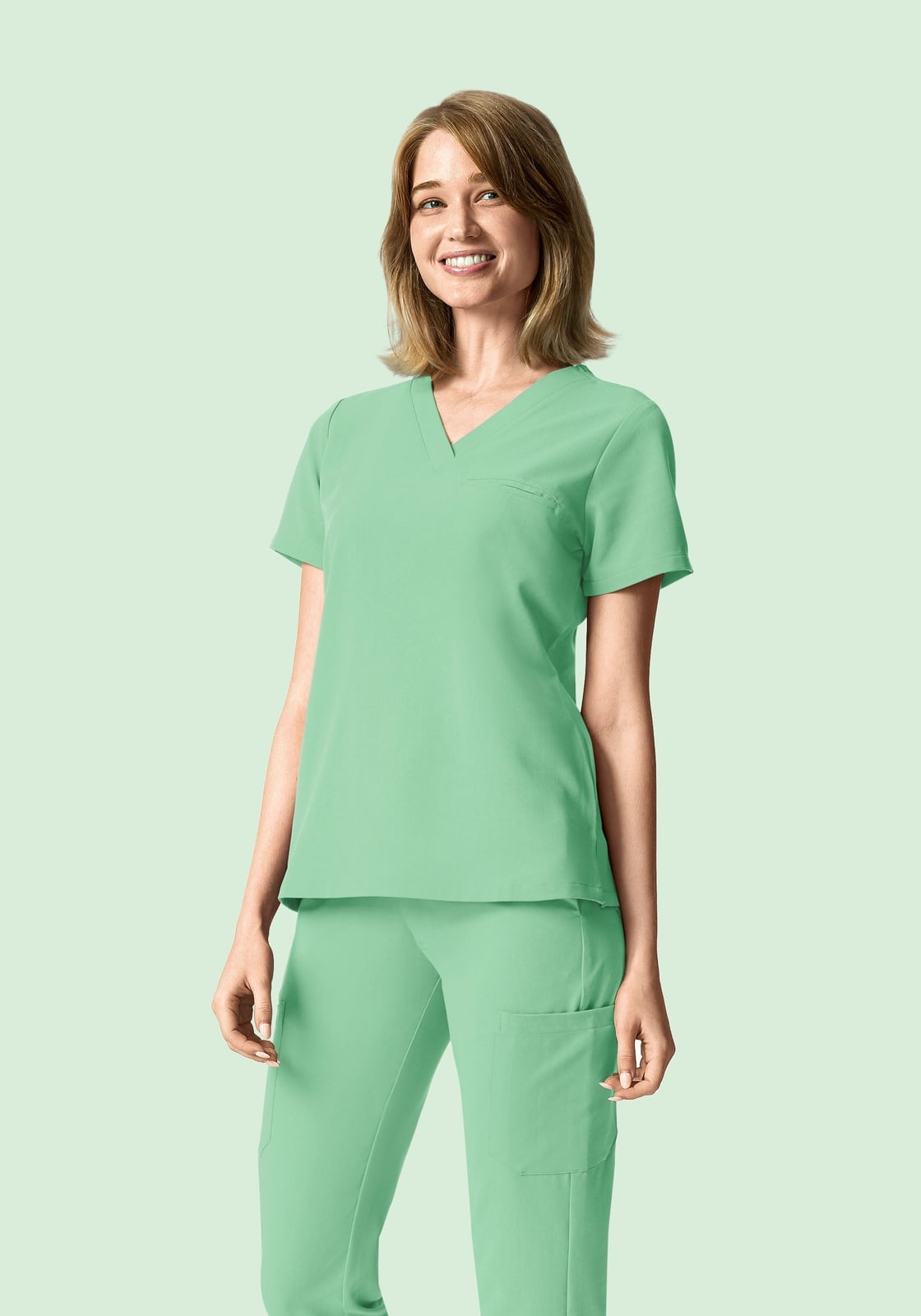 Mint Green V-neck Scrub Top with Straight-Leg Pants — Trendy Nurse Outfits