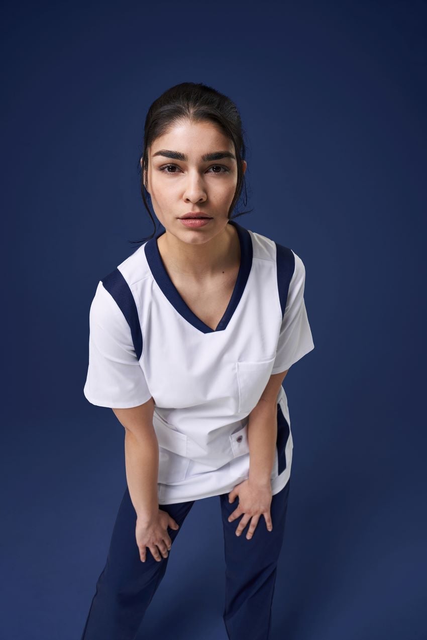 White Scrub Top with Navy Contrast Trim — Trendy Nurse Outfits