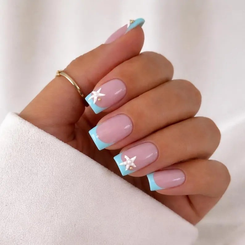Short Square Pink Blue Starfish French Nails Short Square Pink Blue Starfish French Nails — Trendy Ocean Nails