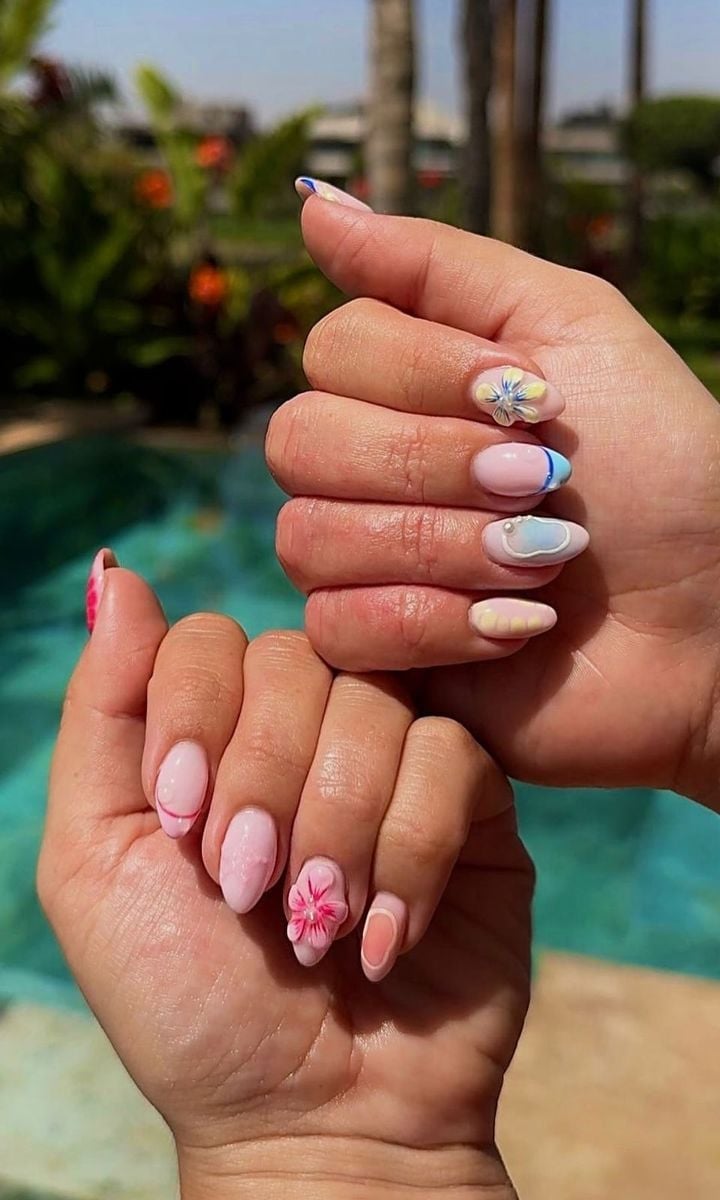 Short Almond Pastel Flower Pearl Nails Short Almond Pastel Flower Pearl Nails — Trendy Ocean Nails