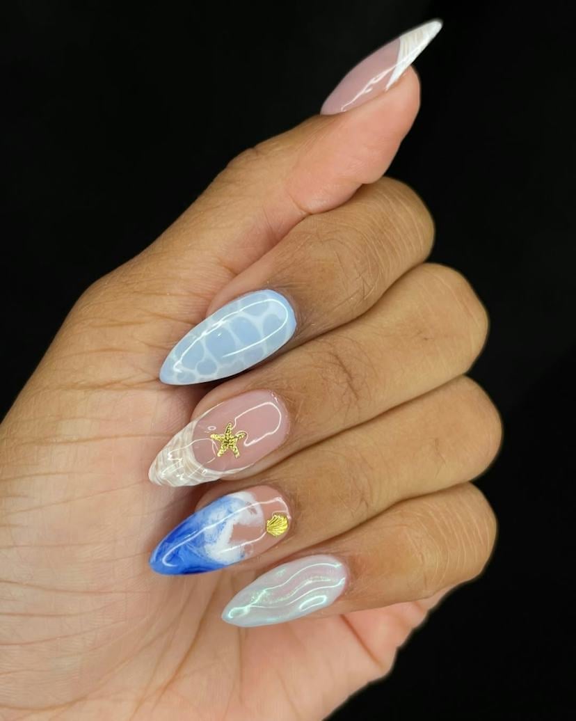 Long Almond Blue Marble Starfish French Nails Long Almond Blue Marble Starfish French Nails — Trendy Ocean Nails