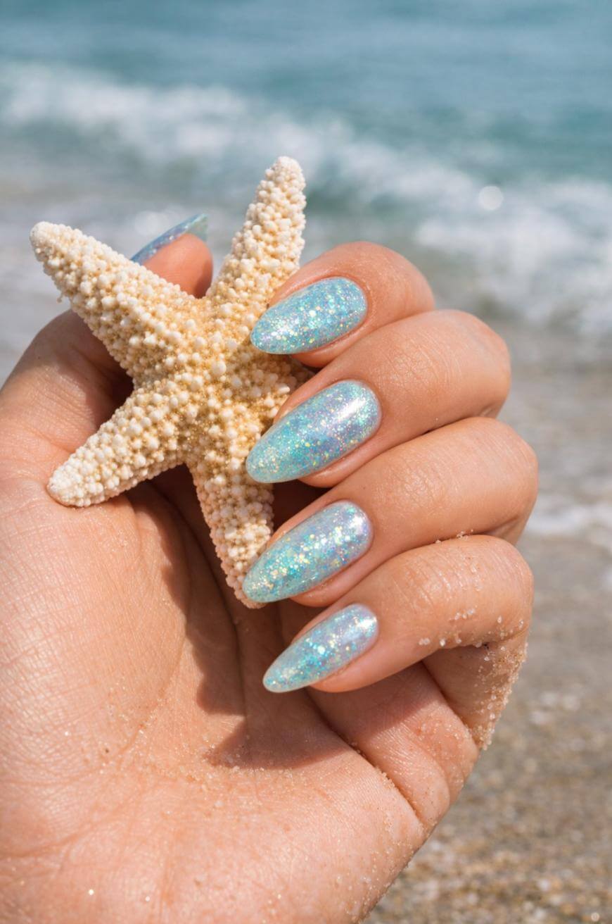 Long Almond Iridescent Glitter Nails Long Almond Iridescent Glitter Nails — Trendy Ocean Nails