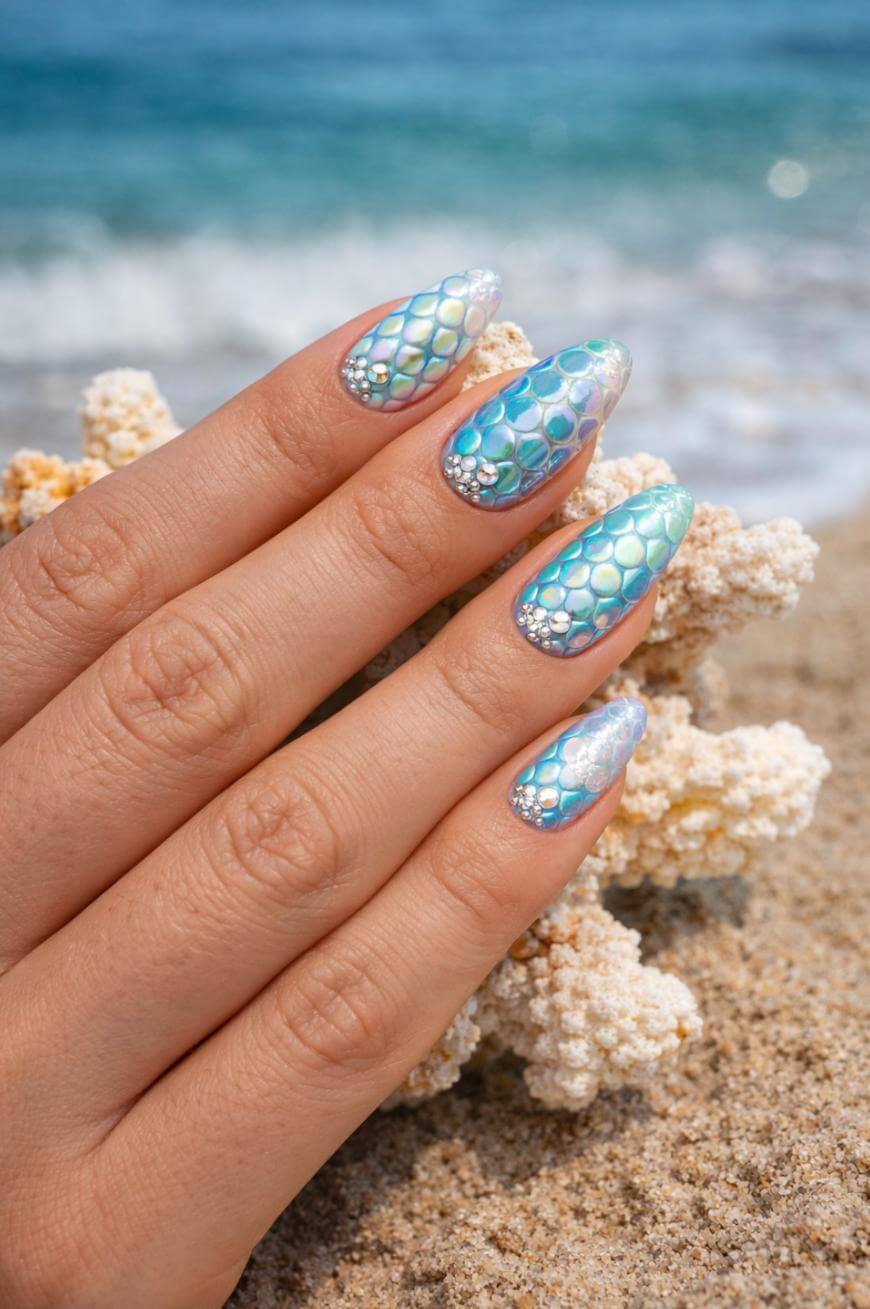 Long Almond Mermaid Scale Nails Long Almond Mermaid Scale Nails — Trendy Ocean Nails
