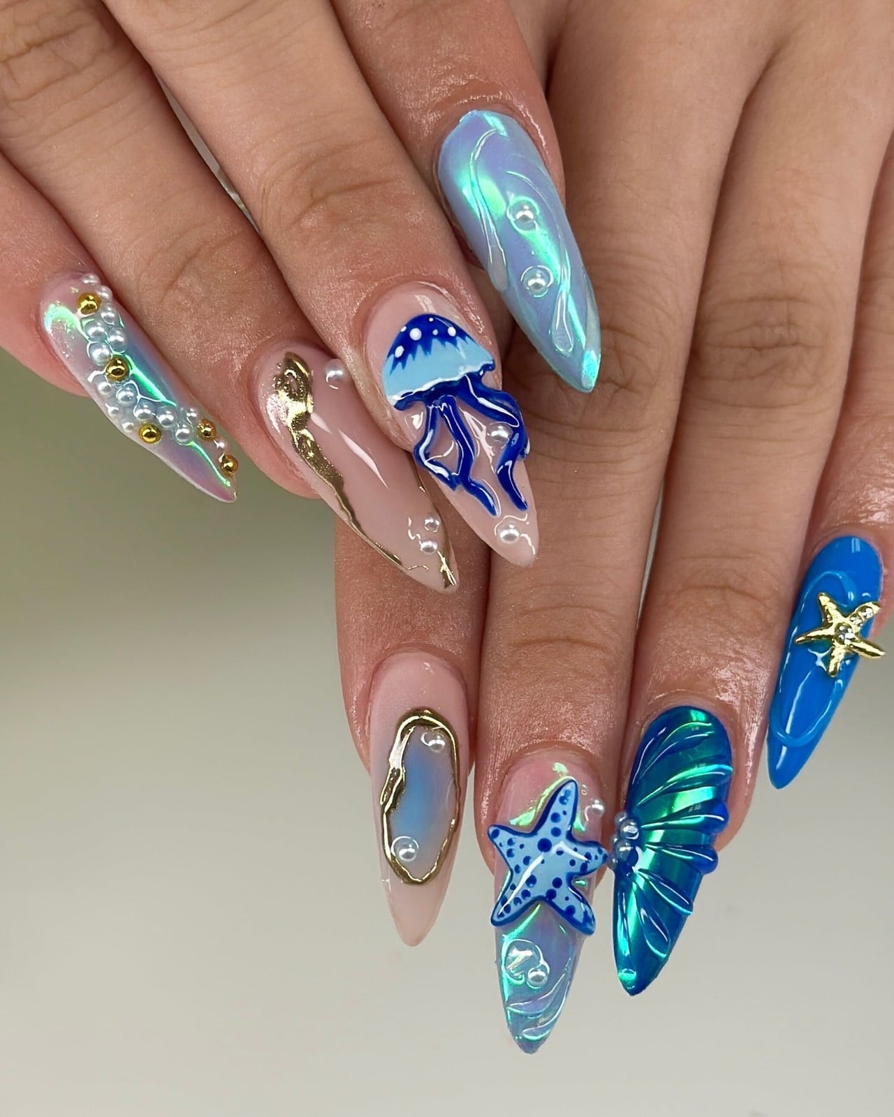 Long Stiletto 3D Jellyfish Starfish Nails With Bubble-Like Details Long Stiletto 3D Jellyfish Starfish Nails With Bubble-Like Details — Trendy Ocean Nails