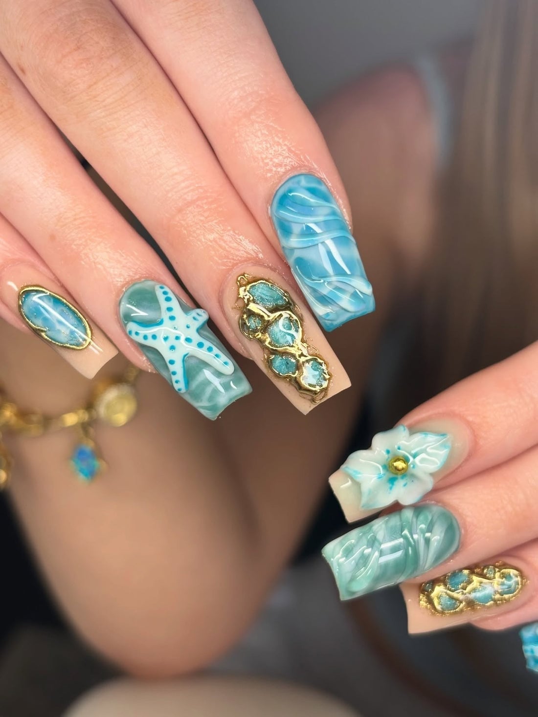 Long Square Beige Teal Marble Starfish Nails Long Square Beige Teal Marble Starfish Nails — Trendy Ocean Nails