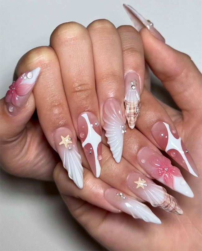 Long Sharp Nude Shell Flower Nails Long Sharp Nude Shell Flower Nails — Trendy Ocean Nails