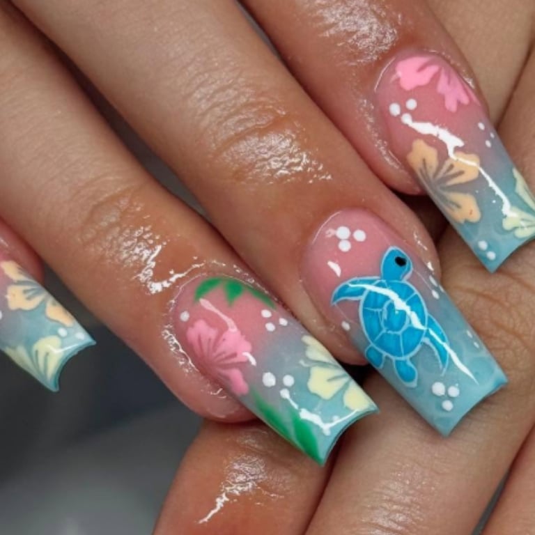 Long Coffin Turtle Flower Gradient Nails Long Coffin Turtle Flower Gradient Nails — Trendy Ocean Nails