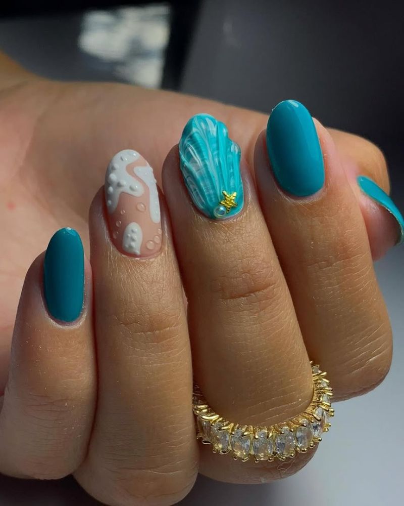 Medium Soft Square Teal Seashell Nails Medium Soft Square Teal Seashell Nails — Trendy Ocean Nails