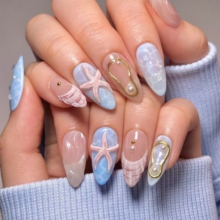 Medium Almond Mixed Ocean Designs Medium Almond Mixed Ocean Designs — Trendy Ocean Nails