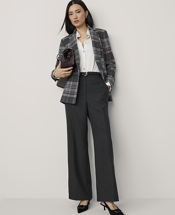 Grey Plaid Blazer with Burgundy Handbag Grey Plaid Blazer with Burgundy Handbag — Trendy Office Outfits
