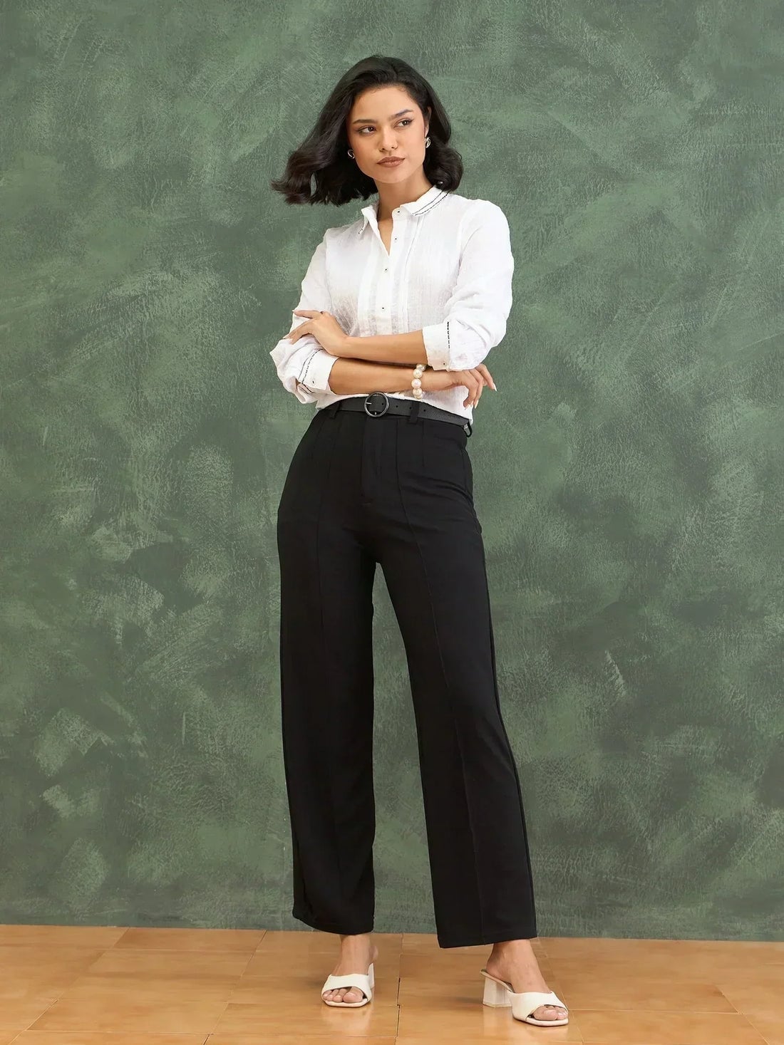 White Embroidered Shirt and Black Wide-Leg Trousers White Embroidered Shirt and Black Wide-Leg Trousers — Trendy Office Outfits