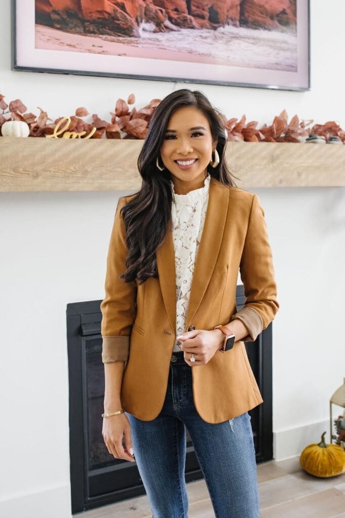 Brown Blazer Over White Lace Top and Denim Brown Blazer Over White Lace Top and Denim — Trendy Office Outfits