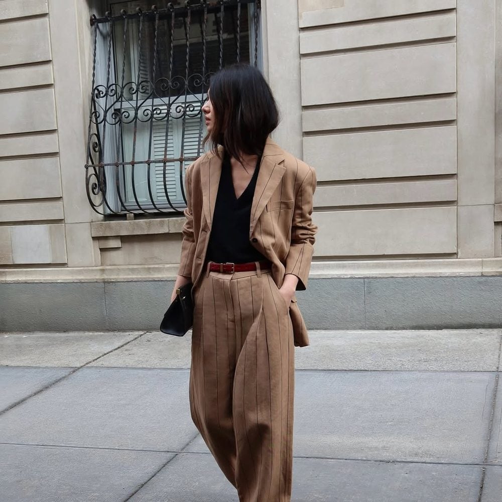 Oversized Pinstripe Blazer with Red Belt Accent Oversized Pinstripe Blazer with Red Belt Accent — Trendy Office Outfits