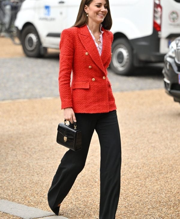 Red Textured Blazer with Ruffled Blouse Red Textured Blazer with Ruffled Blouse — Trendy Office Outfits