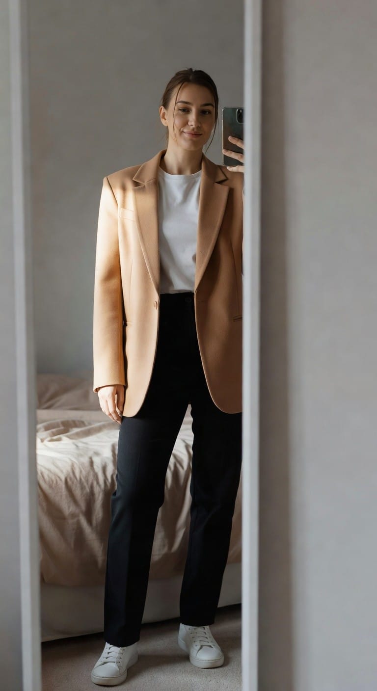 Camel Oversized Blazer with White T-shirt and Sneakers Camel Oversized Blazer with White T-shirt and Sneakers — Trendy Office Outfits