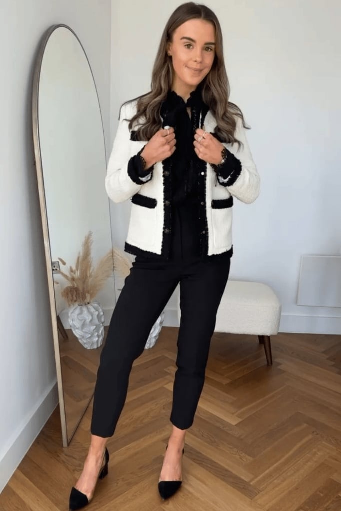 White Tweed Jacket with Black Trim and Trousers White Tweed Jacket with Black Trim and Trousers — Trendy Office Outfits