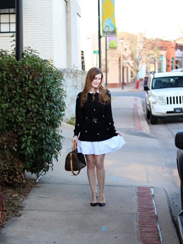 Pearl Detail Sweater Over Tiered Dress Pearl Detail Sweater Over Tiered Dress — Trendy Office Outfits