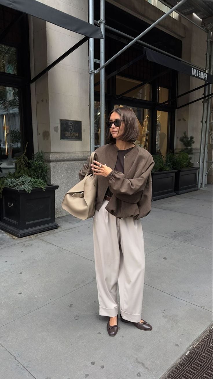 Brown Cropped Jacket and Cream Trousers Ensemble Brown Cropped Jacket and Cream Trousers Ensemble — Trendy Office Outfits