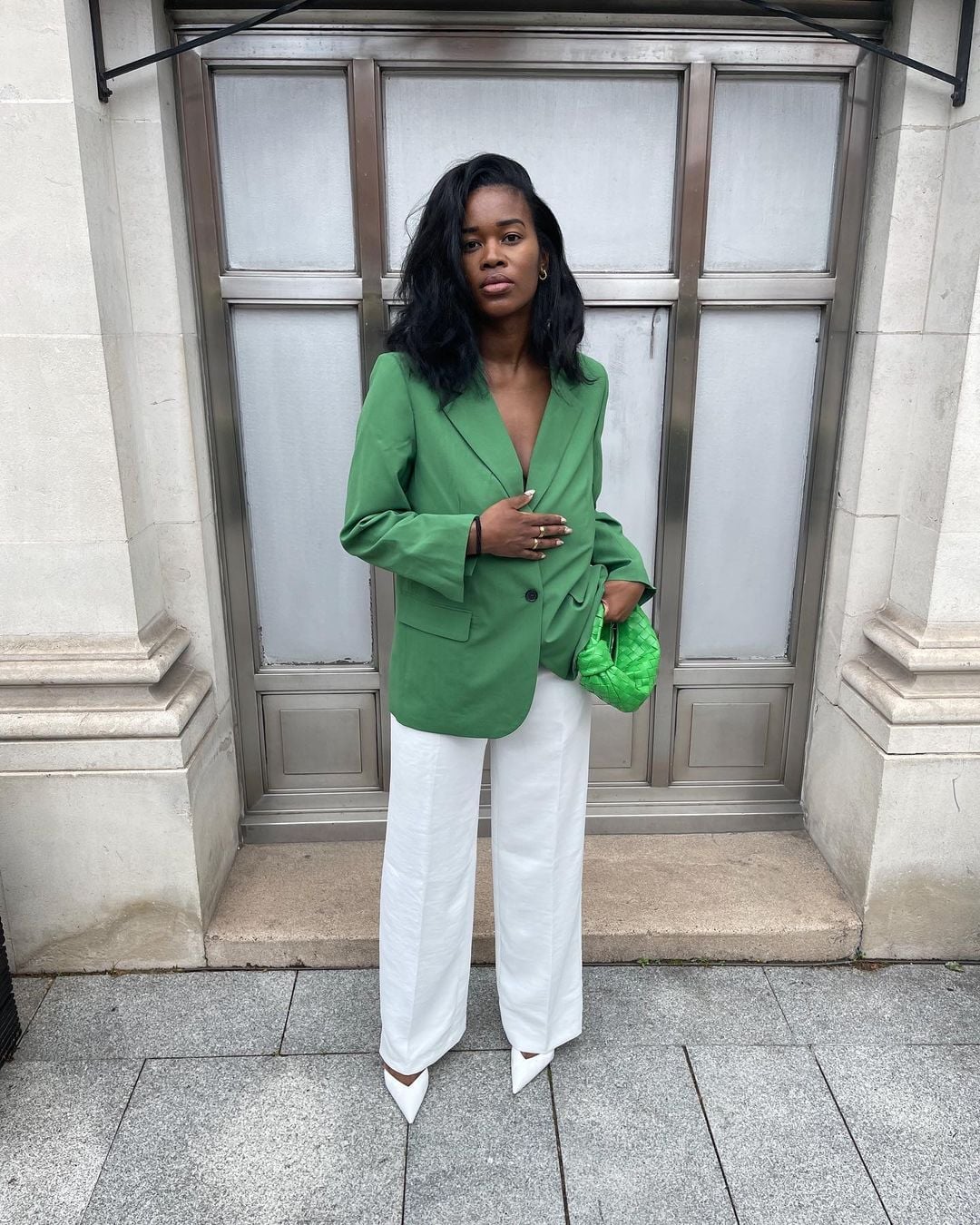 Vibrant Green Blazer with White Wide-Leg Pants Vibrant Green Blazer with White Wide-Leg Pants — Trendy Office Outfits