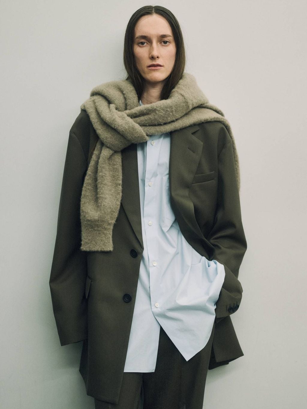Olive Blazer and Light Blue Shirt with Chunky Scarf Olive Blazer and Light Blue Shirt with Chunky Scarf — Trendy Office Outfits