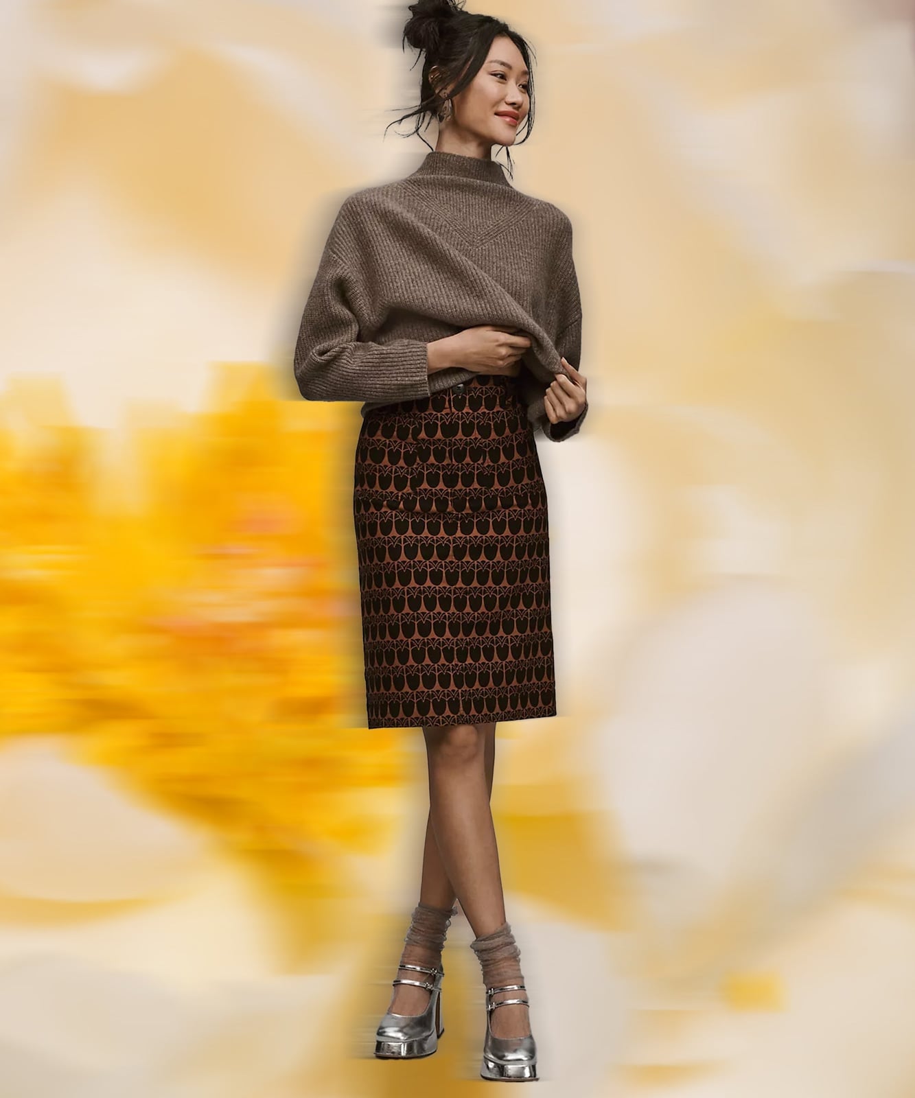 Mock Neck Sweater with Patterned Pencil Skirt, Close-Up Take Mock Neck Sweater with Patterned Pencil Skirt, Close-Up Take — Trendy Office Siren Outfits