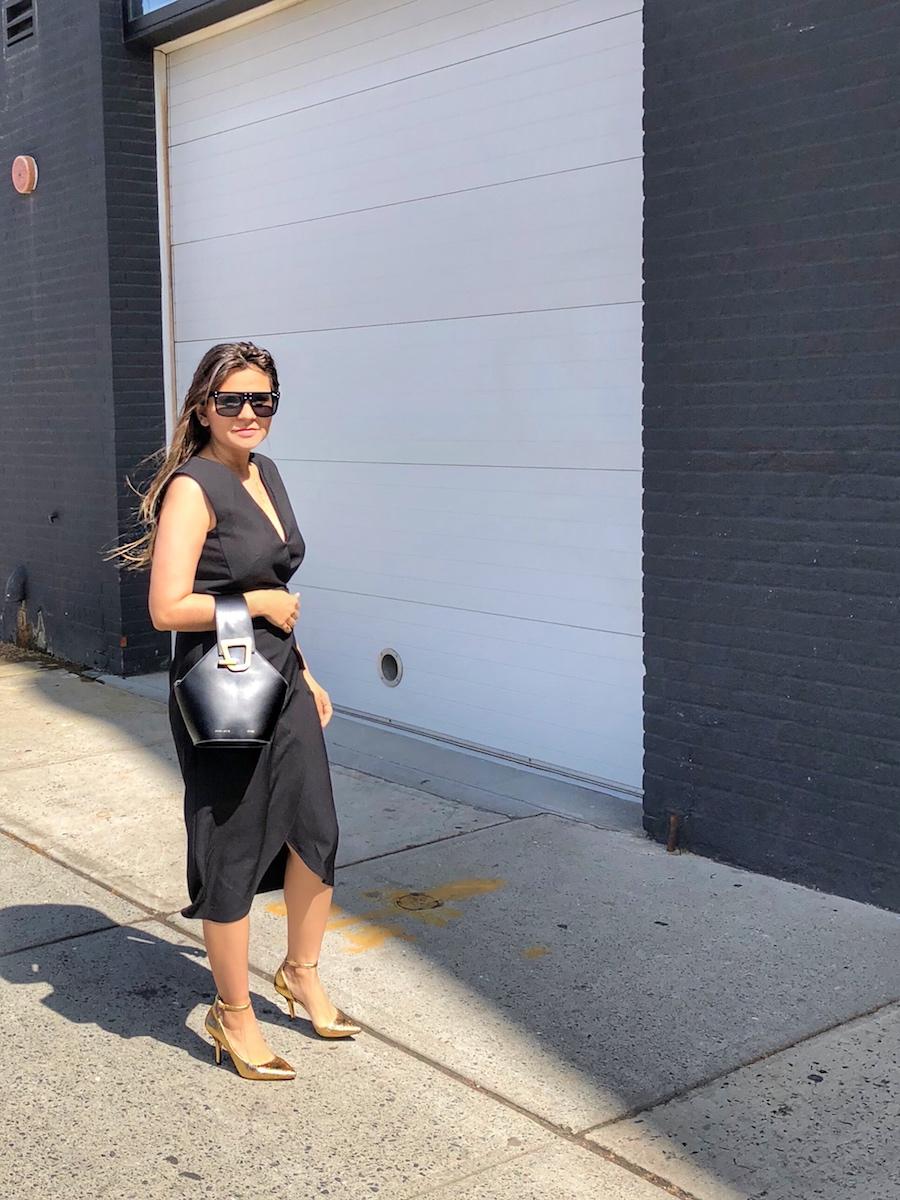 Sleeveless Black Wrap Dress with Gold Heels Sleeveless Black Wrap Dress with Gold Heels — Trendy Office Siren Outfits