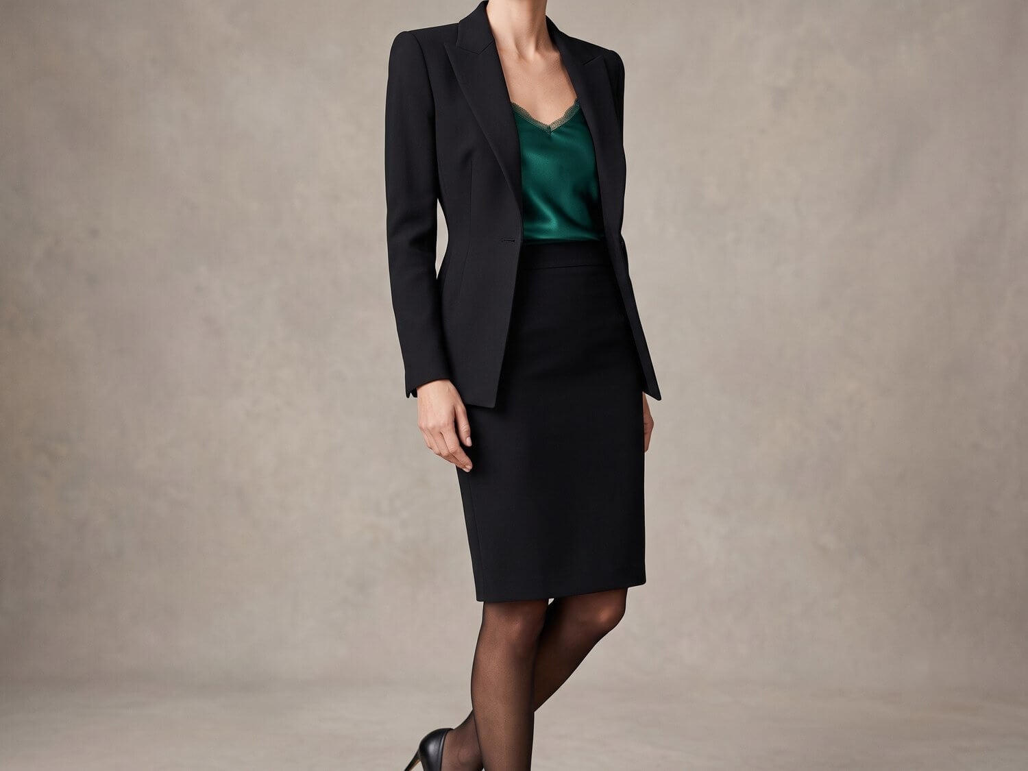 Black Blazer with Lace Trim Camisole and Pencil Skirt Black Blazer with Lace Trim Camisole and Pencil Skirt — Trendy Office Siren Outfits
