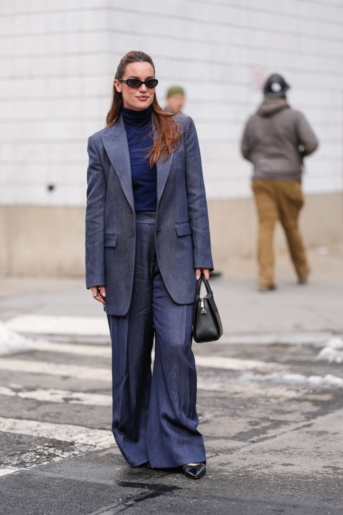 Dark Blue Denim-Like Suit with Turtleneck Dark Blue Denim-Like Suit with Turtleneck — Trendy Office Siren Outfits
