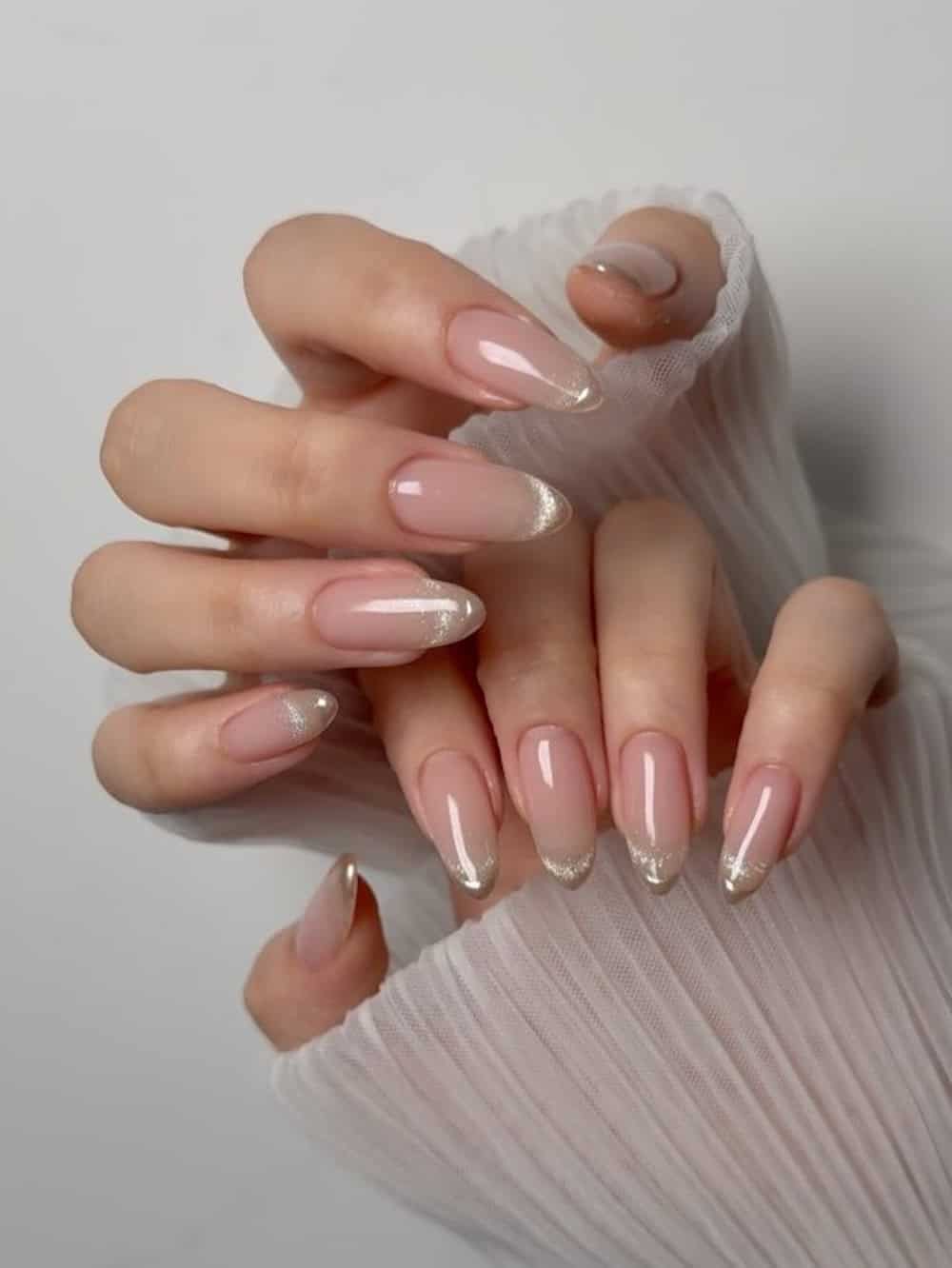 Shimmer French Tip Long Almond Nails Shimmer French Tip Long Almond Nails — Trendy Old Money Nails