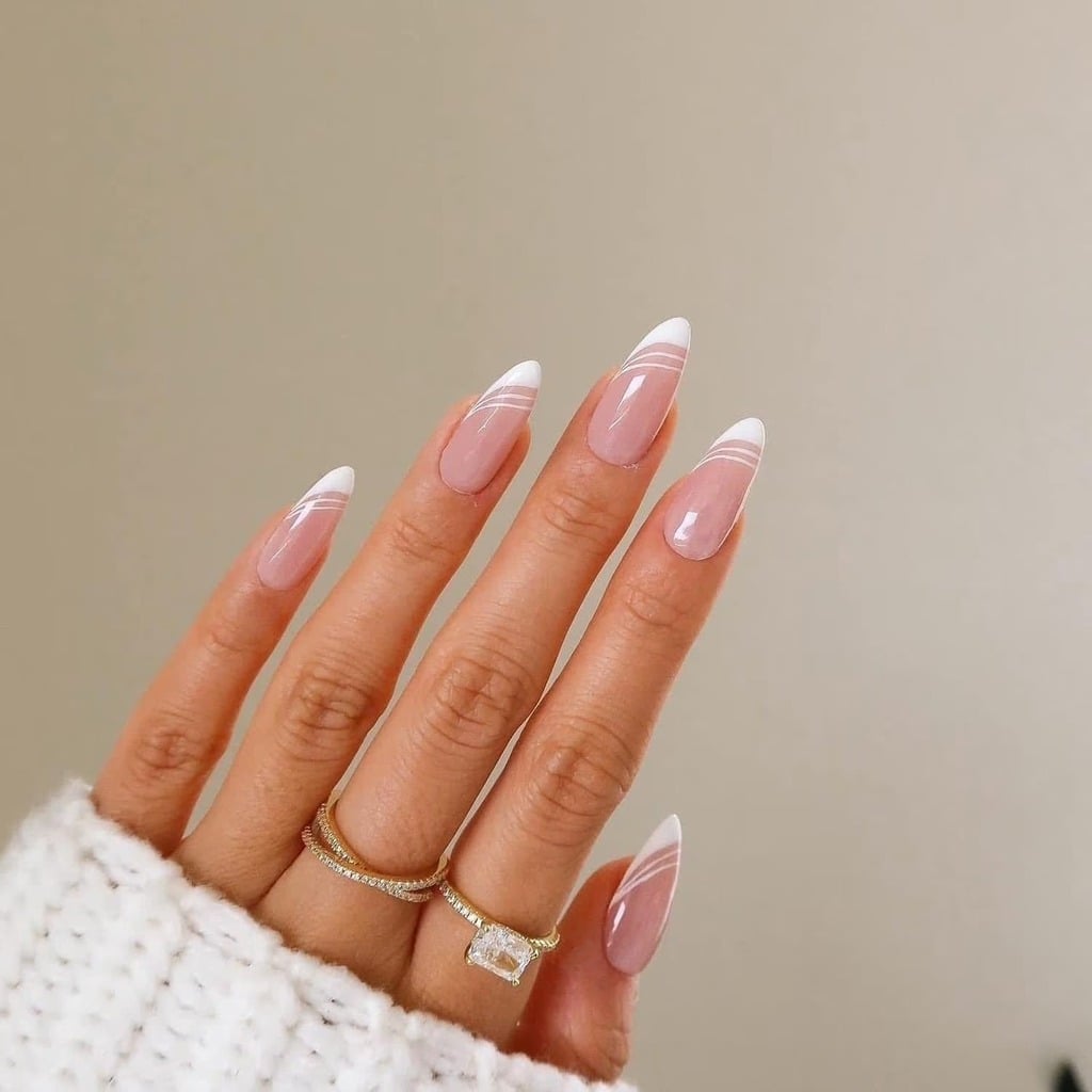 Delicate White Lines Long Almond Nails Delicate White Lines Long Almond Nails — Trendy Old Money Nails