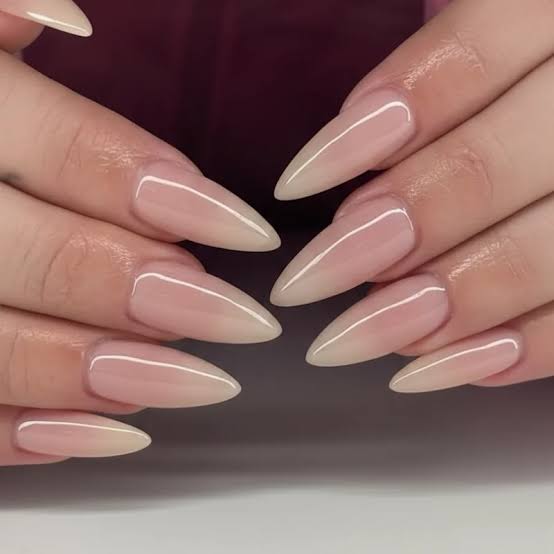 Nude to White Ombre Medium Almond Nails, Close-Up Take Nude to White Ombre Medium Almond Nails, Close-Up Take — Trendy Old Money Nails