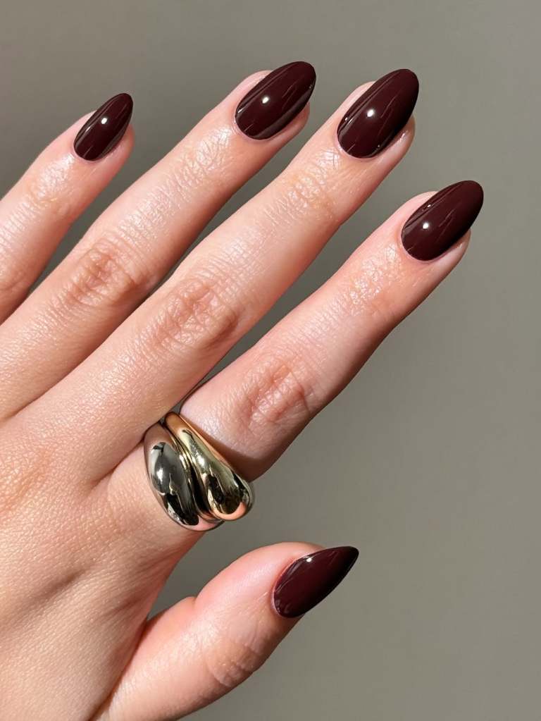 Deep Dark Brown Medium Almond Nails Deep Dark Brown Medium Almond Nails — Trendy Old Money Nails