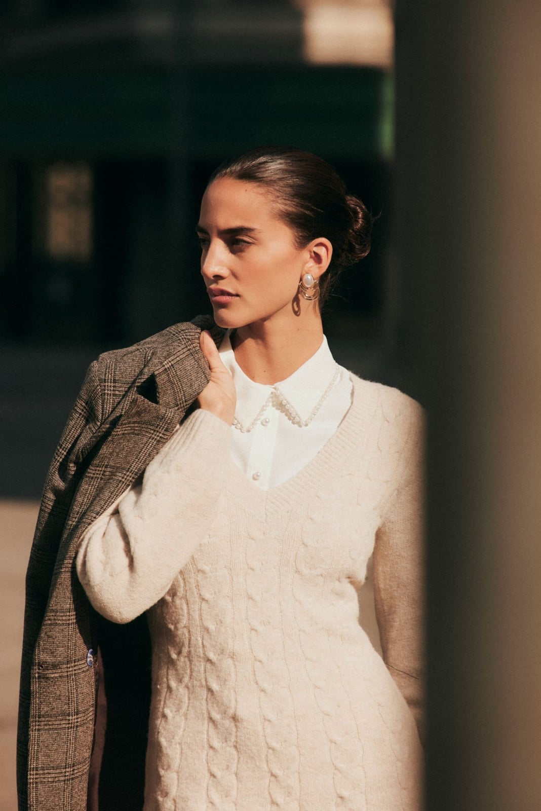 Cream Cable Knit Vest With Plaid Blazer — Trendy Old Money Outfits