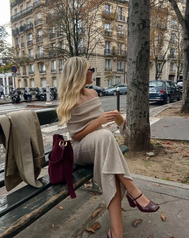 Beige Off-Shoulder Knit Set — Trendy Old Money Outfits